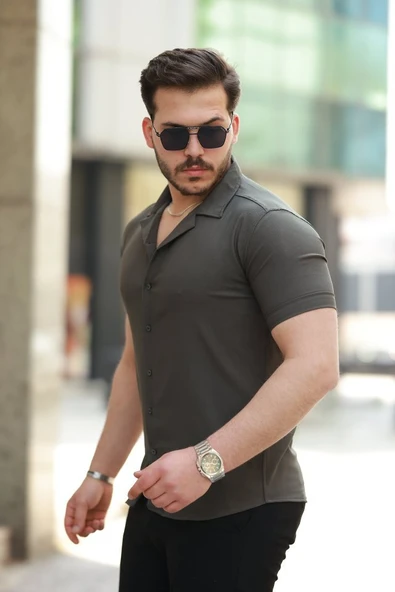 Erkek Apaj Yaka Kısa Kollu Gömlek - 5