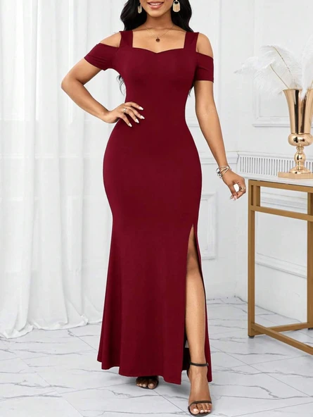 Kadın Omuzlardan Açık Askılı Yırtmaç Detaylı Uzun Ithal Krep Elbise - Resim 3