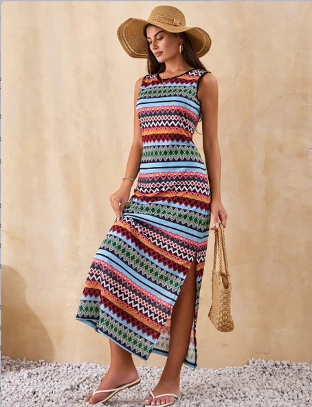 Kadın Bisiklet Yaka Cizgi Desen Süprem Elbise ürün görseli