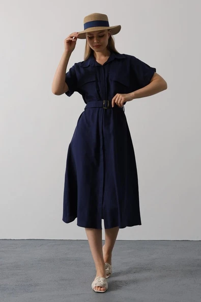 Kuşaklı Cep Detaylı Yarım Kol Elbise - Lacivert ürün görseli