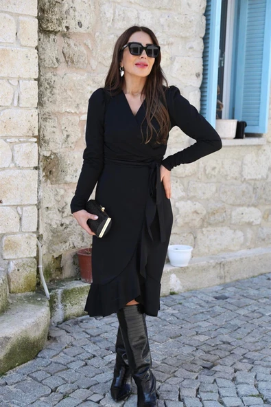 Krep Kumaş Midi Boy Kuşaklı Uzunkol Elbise 113 Cm ürün görseli