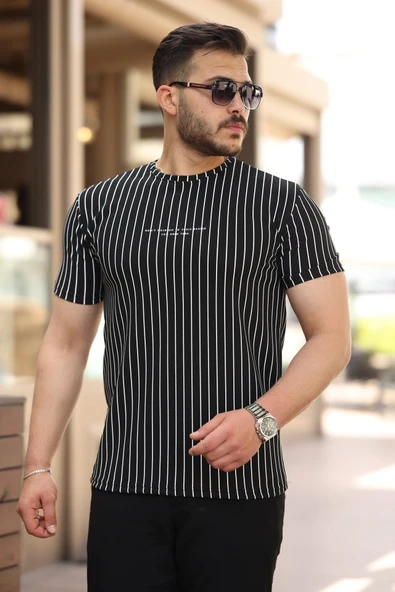 Erkek Dikey çizgili Ottoman Kumaş Kısa Kollu T-shirt - 1