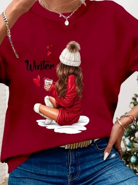 Kadın Yılbaşı özel Uzun Kollu Bisiklet Yaka Desenli Viskon Iki Iplik Bluz - Resim 2