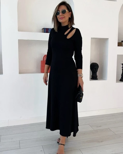 Kadın Uzun Kollu Balıkçı Yaka Omuzda Damla Detaylı Yırtmaçlı Krep Midi Elbise - Resim 7