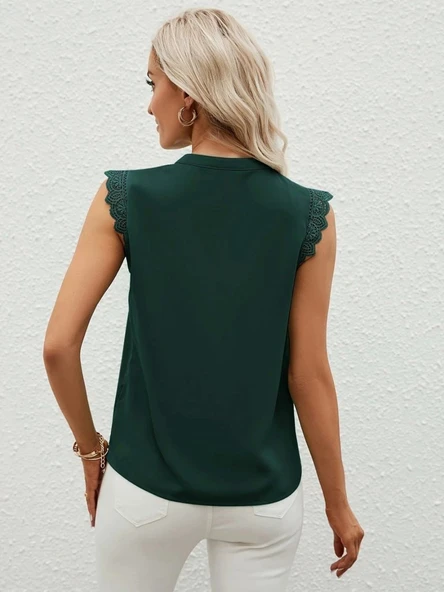 Kadın Kısa Dantel Kollu Hakim Yaka Ithal Krep Bluz - Resim 3