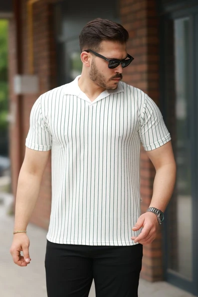 Erkek Yakalı çizgi Desenli Kısa Kollu Tişört ürün görseli
