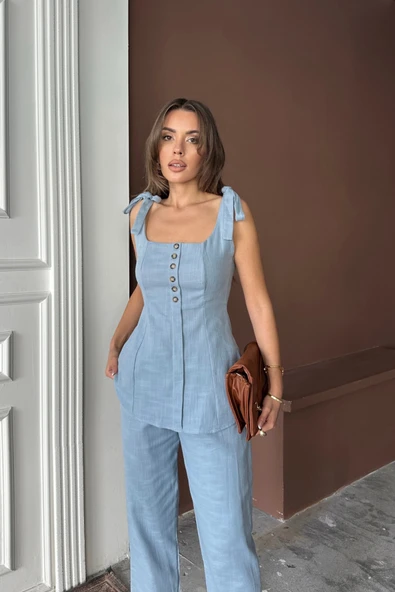 ŞANTUK KETEN YELEK GÖRÜNÜMLÜASKILI BLUZ - PANTOLON TK - Mavi - 2