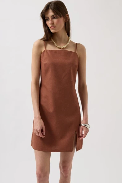 İp Askılı Yırtmaç Detay Keten Mini Elbise ürün görseli