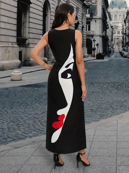 Kadın Sıfır Kol V Yakalı Kadın Yüz Desenli Süprem Elbise - Resim 4