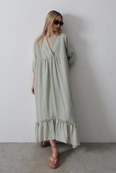 Çizgili Oversize V Yaka Elbise - Haki ürün görseli