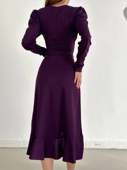 Krep Kumaş Midi Boy Kuşaklı Uzunkol Elbise - Resim 10