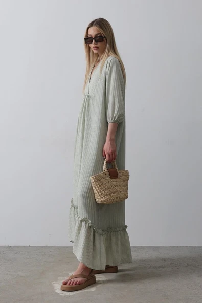 Çizgili Oversize V Yaka Elbise - Haki - Resim 4