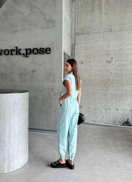 ÇİZGİLİ KETEN KOLSUZ CROP PANTOLON TAKIM - Yeşil - Resim 2