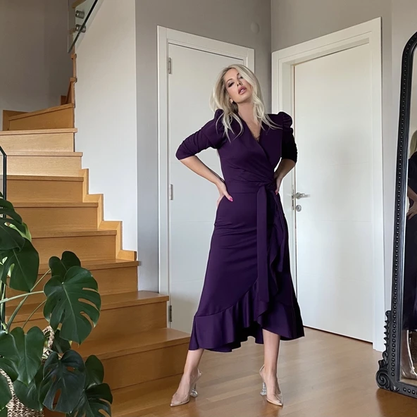 Krep Kumaş Midi Boy Kuşaklı Uzunkol Elbise - Resim 2