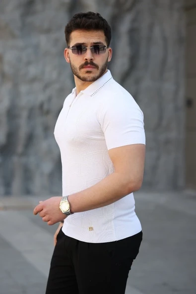 Erkek Viskon Kumaş Polo Yaka Desenli Tişört - Resim 2