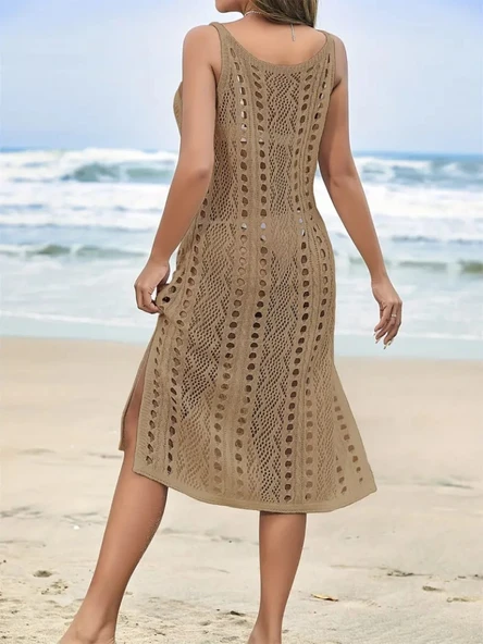 Kadın Kolsuz Askılı Yan Yırtmaç Detay Triko Midi Boy Elbise - Resim 3