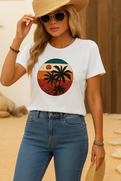 Kadın Kısa Kollu Palmiye Baskılı Viskon T-shirt ürün görseli