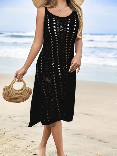 Kadın Kolsuz Askılı Yan Yırtmaç Detay Triko Midi Boy Elbise - Resim 4