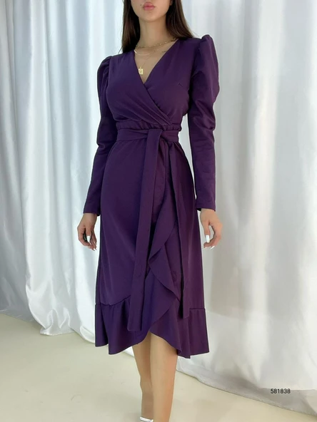 Krep Kumaş Midi Boy Kuşaklı Uzunkol Elbise - Resim 4