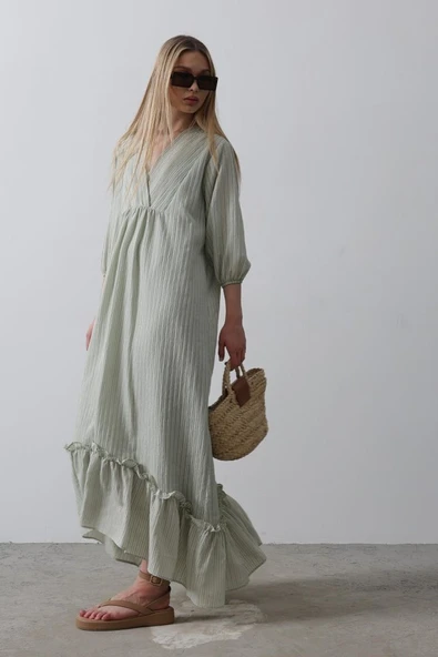 Çizgili Oversize V Yaka Elbise - Haki - Resim 3