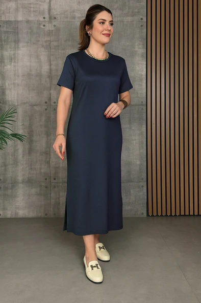 Kadın Kısa Kollu Bisiklet Yaka Yırtmaçlı Viskon Iki Iplik Elbise - Resim 2