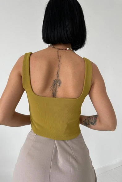 Yağ Yeşili Askılı Bluz - Resim 3