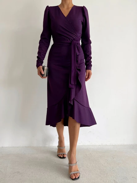 Krep Kumaş Midi Boy Kuşaklı Uzunkol Elbise - Resim 7