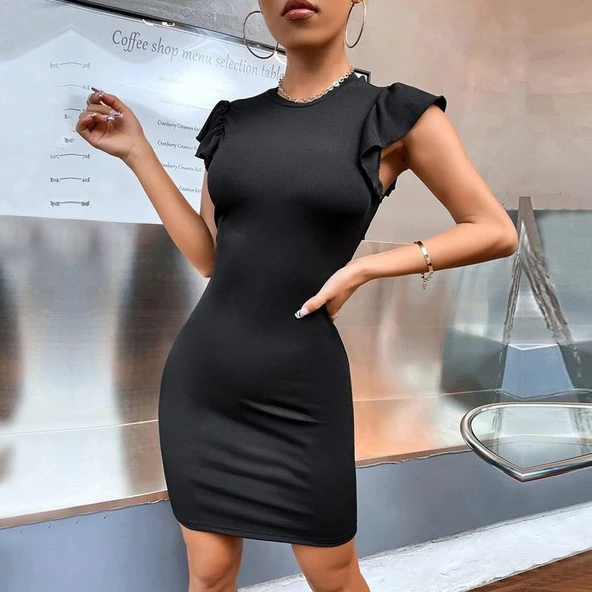 Kadın Kolsuz Omzu Volanlı Bisiklet Yaka Kaşkorse Mini Elbise - Resim 5