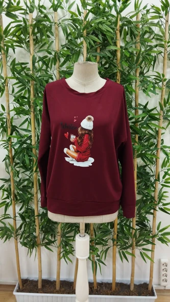 Kadın Yılbaşı özel Uzun Kollu Bisiklet Yaka Desenli Viskon Iki Iplik Bluz - Resim 4