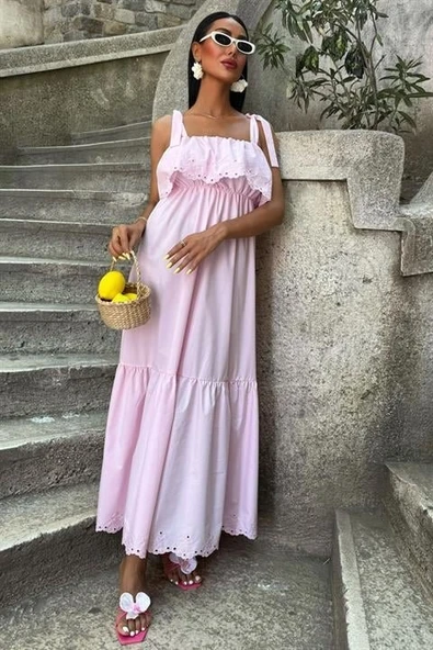 Etek Ucu Brode Nakışlı Boyundan Bağlamalı Elbise 2881 - Resim 3