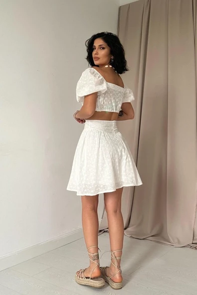 Ekru Brode Crop Ve Mini Etek Takım - Resim 3