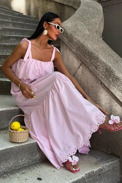 Etek Ucu Brode Nakışlı Boyundan Bağlamalı Elbise 2881 - Resim 4