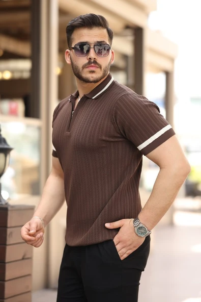 Erkek Yaka Ve Kolları çizgi Detaylı Fermuarlı Kısa Kollu T-shirt - Resim 2