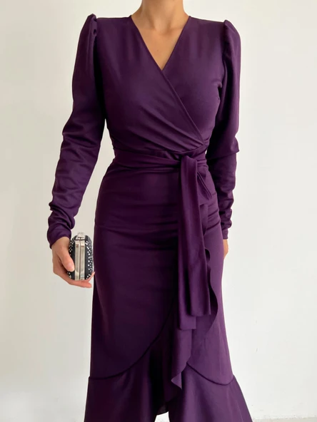 Krep Kumaş Midi Boy Kuşaklı Uzunkol Elbise - Resim 8