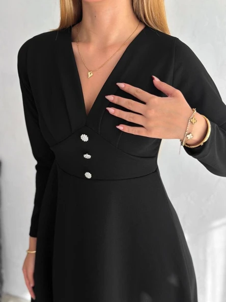 Kadın Krep Kumaş Düğme Detaylı V Yaka Uzun Kollu Midi Boy Elbise - Resim 2