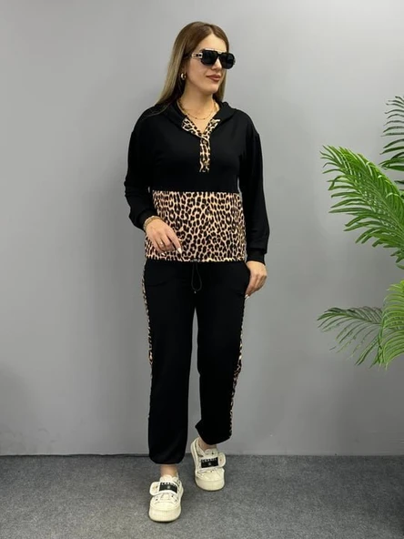Kadın Uzun Kollu Leopar Detay Sweat Ve Yanı Leopar şerit Detay Pantolon Ikili Takım - Resim 19