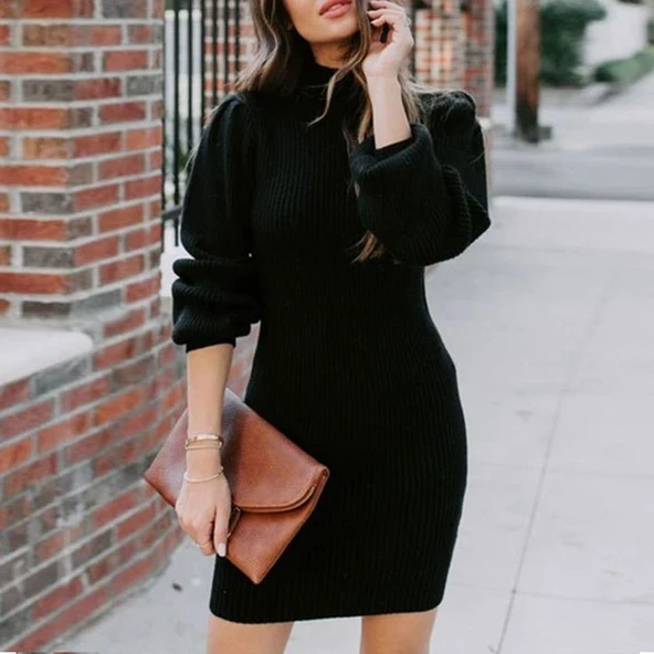 Kadın Uzun Kollu Balıkçı Yaka şardonlu Kaşkorse Elbise ürün görseli