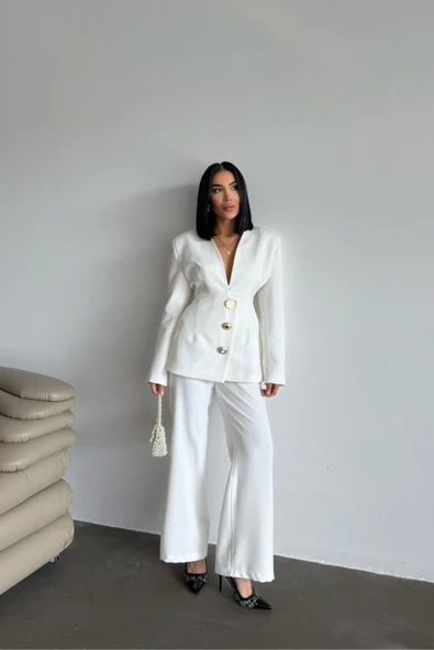 TASARIM CEKET-PANTOLON TAKIM METAL DÜĞME DETAYLI - Beyaz - Resim 2