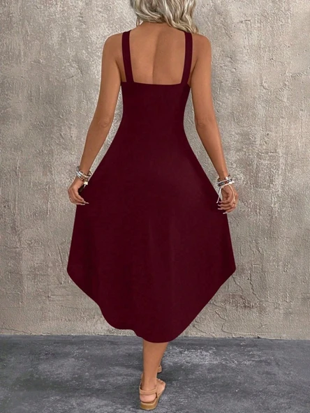 Kadın Boyundan çapraz Askılı Halka Detaylı Asimetrik Kesim Viskon Elbise - Resim 6