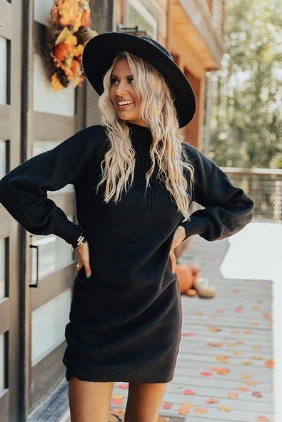 Kadın Uzun Kollu Balıkçı Yaka şardonlu Kaşkorse Elbise - Resim 3