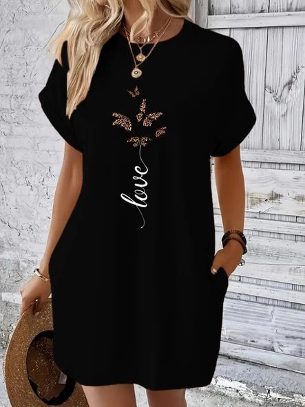 Kadın Kısa Kollu Bisiklet Yaka Cepli Kelebek Baskılı Viskon Elbise ürün görseli