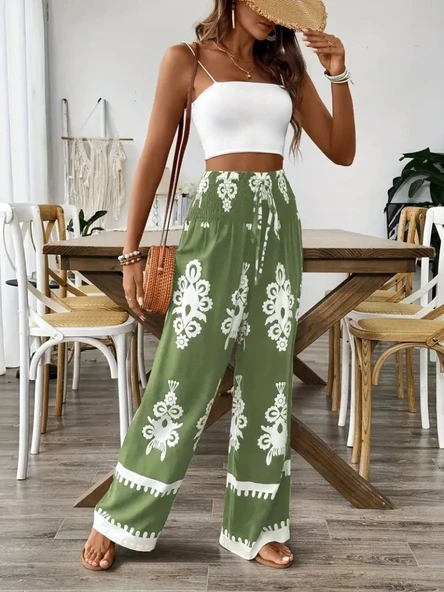 Kadın Yüksek Bel Büzgülü Etnik Desen Baskılı Süprem Pantolon - Resim 5