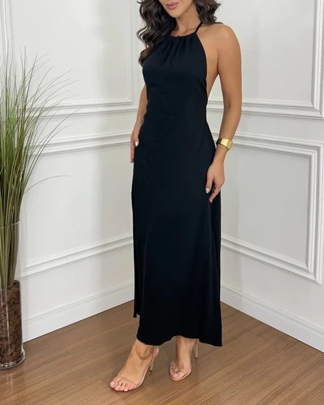 Kadın Boyundan Askılı Halter Kollu Viskon Elbise - Resim 2