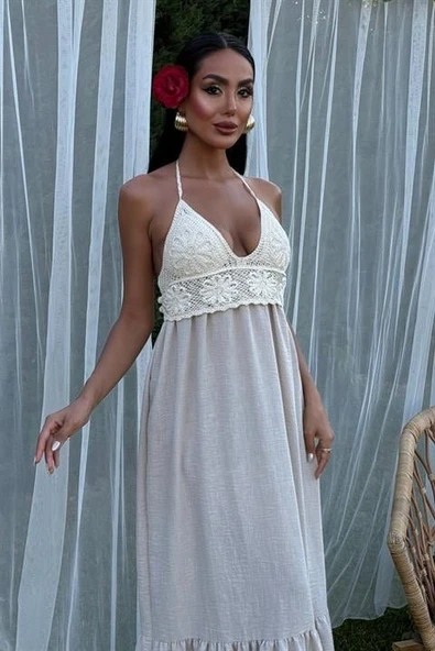 Göğsü Trikolu Keten Uzun Elbise 2904-08 - Resim 8