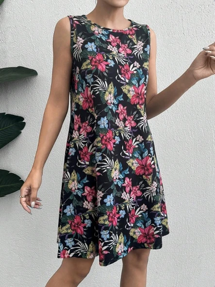 Kadın Renkli çiçek Baskılı Süprem Elbise - Resim 8