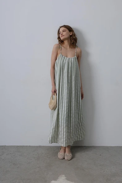 Askılı Çizgi Desen Elbise - Haki - Resim 8