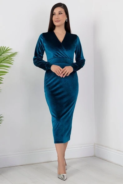 Kadın Kadife Kumaş Manşetli V Yaka Şık Kalem Elbise - Resim 15
