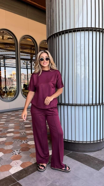 Kadın Kısa Kollu Bisiklet Yaka Omuzdan Düğmeli Viskon Iki Iplik Kısa Bluz Ve Pantolon Ikili Takım ürün görseli