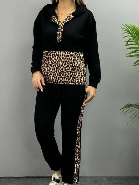 Kadın Uzun Kollu Leopar Detay Sweat Ve Yanı Leopar şerit Detay Pantolon Ikili Takım - Resim 16