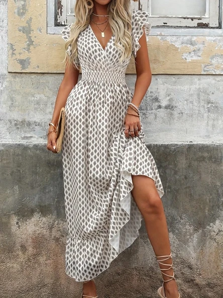 Kadın Kısa Kelebek Kollu Kruvaze Yakalı Desenli Süprem Elbise - Resim 8